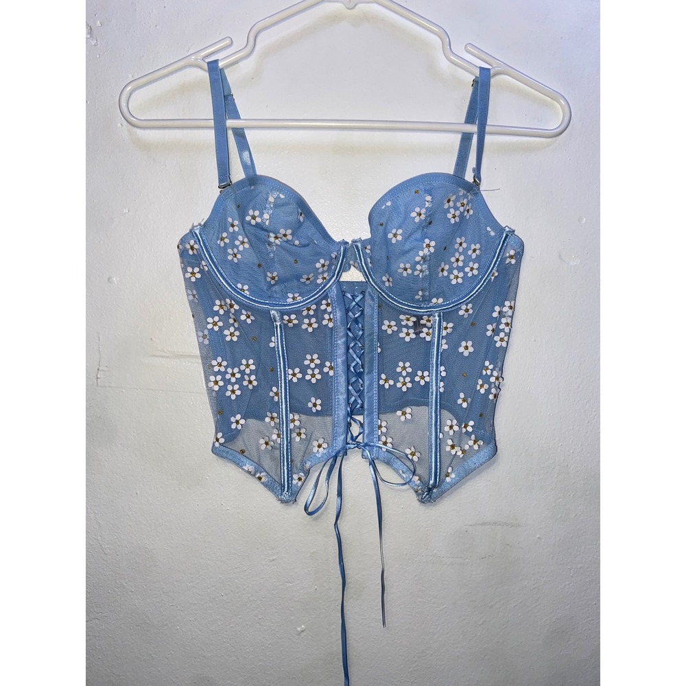 Body Rage Blue Daisy Mesh Corset Bustier Top Coquette Lace Up Cottagecore Dainty